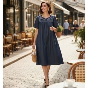 Go Softly Patio Denim Embroidered Midi Dress Sz L #78P
